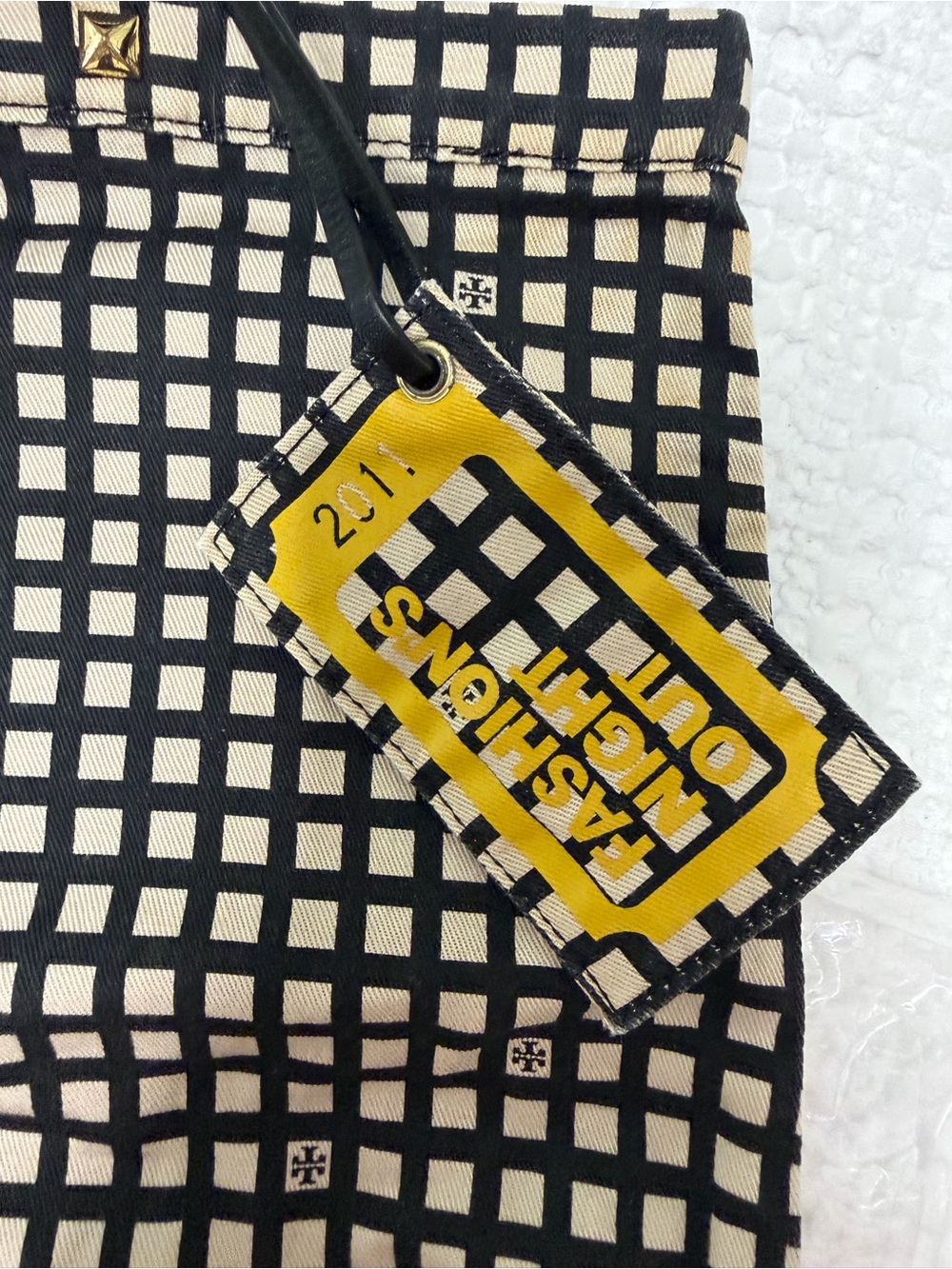 Tory Burch Black and Beige Grid Canvas Tote with Yellow Logo Tag - Picture 4 of 6